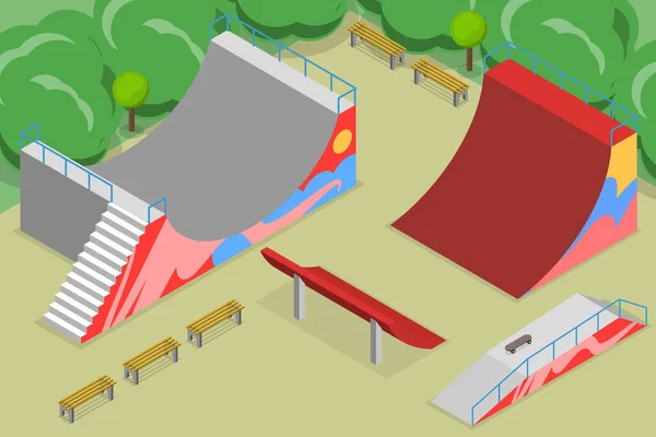 滑板公园滑板区三维等距平面矢量概念图 — 图库矢量图片