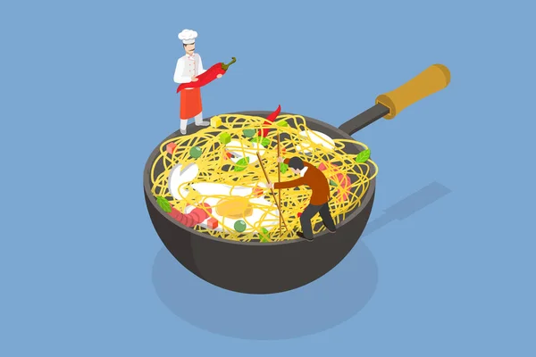 Isometric Flat Vector Conceptual Illustration Asian Wok Pan Noodles —  Vetores de Stock