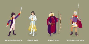 3D Isometric Flat Vector Set of Historical People, Napoleon Bonaparte, Jeanne dArc, Genghis Khan, Alexander the Great clipart