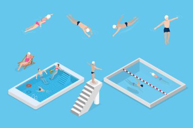 3D Isometric Flat Vector Set of Pool Swimmers, Water Activities