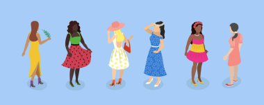 3D Isometric Flat Vector Set of Summertime Dresses, Girls Outfits