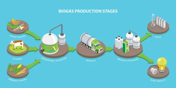 Isometric Flat Vector Conceptual Illustration Biogas Production Stages Renewable Energy — Stock Vector