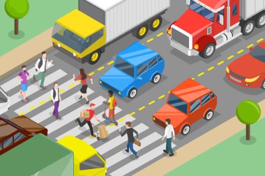 3D Isometric Düz Vektör Meşgul Şehrin Kavramsal İllüstrasyonu, Yayalarla Yaya Geçidi