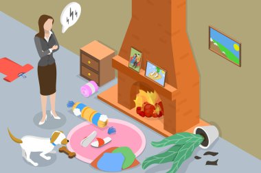 3D Isometric Düz Vektör Yaramaz Köpek, Evcil Hayvan veya Evcil Hayvan Kötü Davranışının Kavramsal İllüstrasyonu