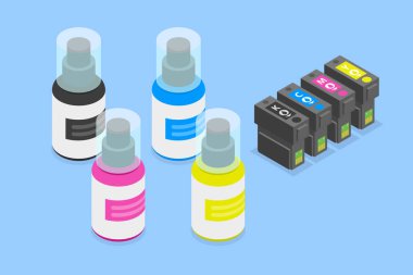 3D Isometric Düz Vektör CMYK Kartuş Doldurmanın Kavramsal İllüstrasyonu, Mürekkepli Şişeler