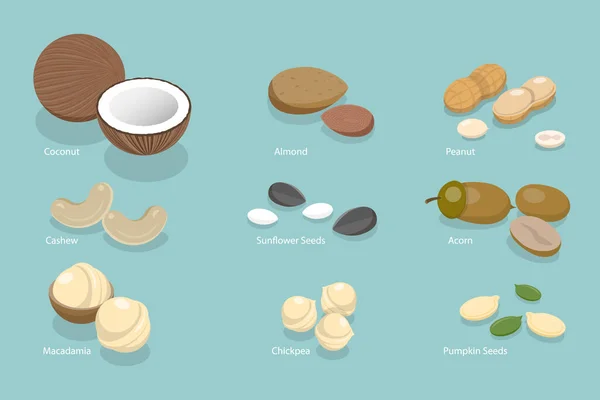 坚果和豆类 健康营养和维生素3D等量平矢量集 — 图库矢量图片