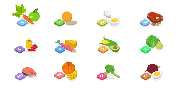 Isometric Flat Vector Conceptual Illustration Vitamins Minerals Healthy Food Supplements — Stock Vector