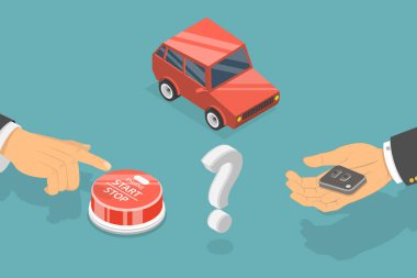 3 Boyutlu Isometric Düz Vektör Motor veya Makinenin Kavramsal Resmedilmesi Başlangıç, Anahtarsız Ateşleme Teknolojisi