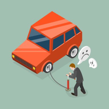 3D Isometric Düz Vektör Lastik Şişirme Kavramsal İllüstrasyonu, Yolda Kaza