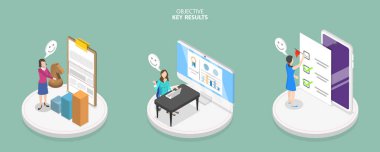 3B Isometric Düz Vektör Objektif Anahtar Sonuçlarının Kavramsal İllüstrasyonu, İş Hedeflerine Odaklanma