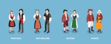 3D Isometric Düz Vektör Avrupalı Ulusal Kıyafetlerinin Kavramsal İllüstrasyonu, Geleneksel Kostümler