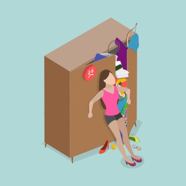 3D Isometric Flat Vector Conceptual Illustration of Bursting Wardrobe, Mess and Clutter in Closet clipart