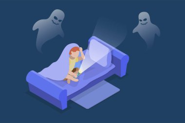 3D Isometric Düz Vektör Çocuk İllüstrasyonu Kabuslar, Gece fobisi