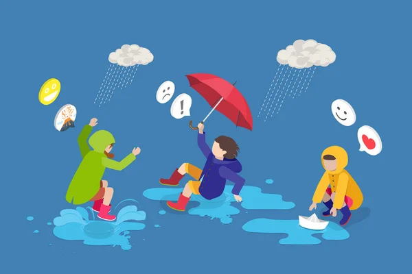 Isometric Flat Vector Conceptual Illustration Walking Outdoors Rain Fun Rainy — Stock Vector