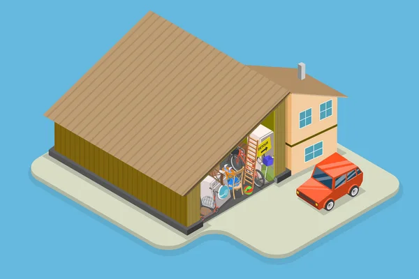 Isometric Flat Vector Conceptual Illustration Overfilled Garage Spring Cleaning — Stockový vektor