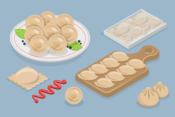 3D изометрические плоский вектор набор мяса гурманов пищи, пельмени или Pierogi или Varenyky