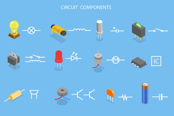 3Dイソメトリックフラットベクターコンセプト 回路部品のイラスト エレクトロニクス関連部品 — ストックベクタ