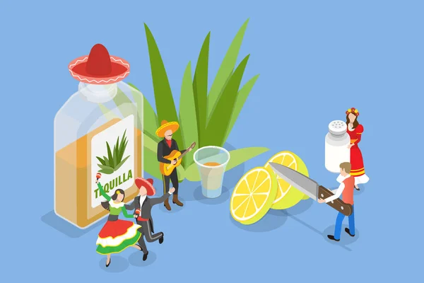 Ensemble Vecteur Plat Isométrique Tequila Boisson Alcoolisée Mexicaine — Image vectorielle