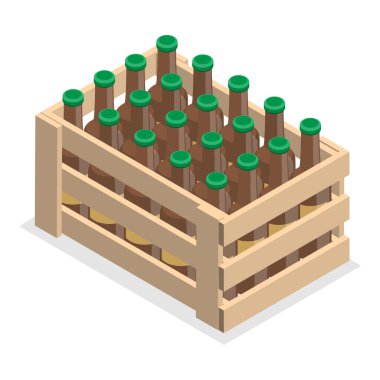 Bira Şişeleri, Teslimat ve Ulaşım Paketi ile 3D Isometric Flat Vector Set of Crates. Madde 3