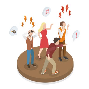 Kızgın Karakterlerin Üç Boyutlu İsometrik Düz Vektör İllüstrasyonu, Saldırgan İnsanların Birbirine Bağırması. Madde 2