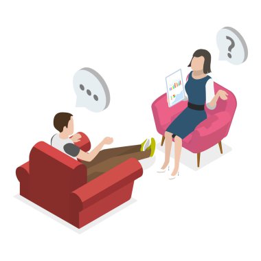 TV röportajının 3D Isometric Düz Vektör İllüstrasyonu, Ünlü Misafir Konuşması. Madde 2