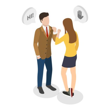 3 Boyutlu Isometric Düz Vektör Güvenli Selamlama, Dirsek Çarpması, Ayak Sarsıntısı ve Namaste. Madde 3