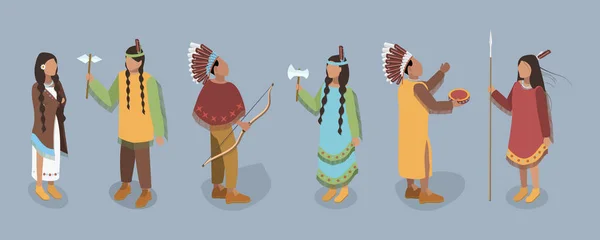 Izometryczny Płaski Wektor Zestaw Rdzennych Mieszkańców Pierwsze Postacie Narodu Tradycyjnej — Wektor stockowy