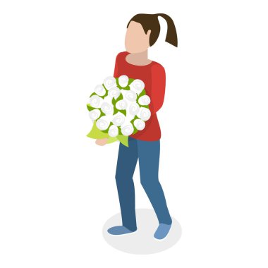 3 Boyutlu Isometric Düz Vektör Buketleri, Mutlu Kadın Tutucu Çiçekleri. Madde 4