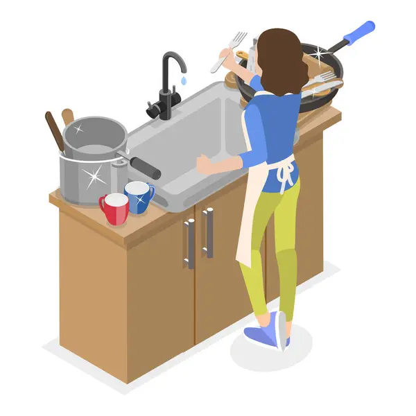 Ισομετρική Επίπεδη Διανυσματική Απεικόνιση Της Messy Καθαρή Κουζίνα Οικιακά Μαχαιροπήρουνα — Διανυσματικό Αρχείο