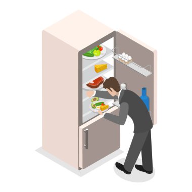 Buzdolabındaki 3 boyutlu Isometric Flat vektör seti. İnsanlar buzdolabını kontrol ediyor. Madde 2