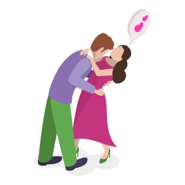 3D Isometric Mutlu Aşk Çiftleri Düz Vektör Seti, Öpücükler. Madde 1