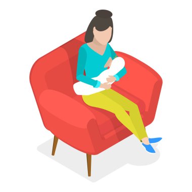 Üç boyutlu Isometric Düz Vektör Emzirme, Memeli Bebekleri Besleyen Kadınlar. Madde 2