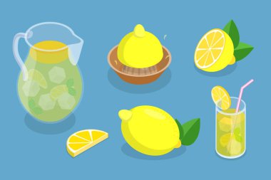 3 Boyutlu Isometric Limonata Elementleri, Limon, Buz ve Sürahi Düz Vektör Kümesi