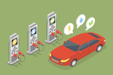 3D Isometric Düz Vektör Alternatif Yakıtın Kavramsal İllüstrasyonu, Yenileme İstasyonları