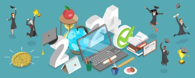 3D Isometric Düz Vektör 2024 Kavramsal İllüstrasyonu - Akademik Yıl Çevrimiçi, Uzaklık Kursları ve E-Öğrenme, Dijital Okula Dönüş