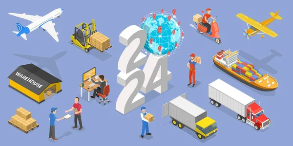 Isometryczne Płaski Wektor Koncepcyjny Ilustracja Nowego Roku 2024 Logistyki Transportu — Wektor stockowy
