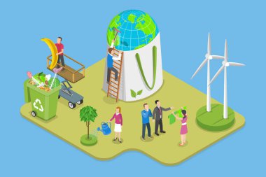 3D Isometric Düz Vektör Sürdürülebilir Seçim, Azaltma, Yeniden Kullanım ve Geri Dönüşümün Kavramsal İllüstrasyonu