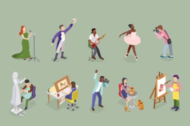 3D Isometric Düz Vektör kümesi Yaratıcı Meslekler İnsanları, Hobbie 'nin tadını çıkartıyor