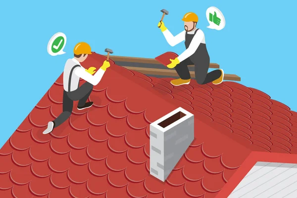 Isometric Flat Vector Conceptual Illustration Roofers Roof Maintenance Team Service — Stock Vector