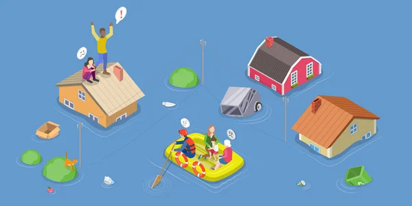 Isometrische Platte Vector Conceptuele Illustratie Van Overstromingsredding Natuurrampen Helpen Van — Stockvector
