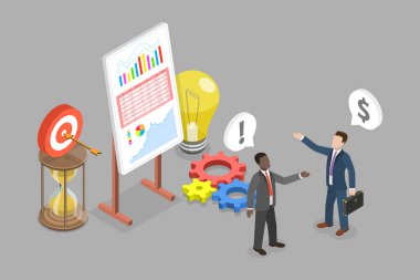 KPI Analizinin 3B Isometric Düz Vektör İllüstrasyonu, Anahtar Performans Göstergeleri