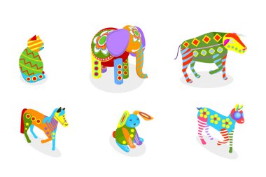 3 Boyutlu Isometric Meksikalı Alebrijler Düz Vektör Kümesi, Kutlama Dekorasyonu