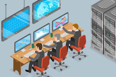 3D Isometric Flat Vector Conceptual Illustration of Space Flight Command, Mission Control Center clipart