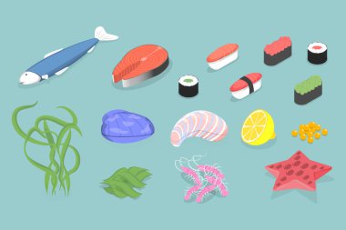 3D Isometric Düz Deniz Ürünleri Seti, Gurmeler için Lezzetli Yemekler