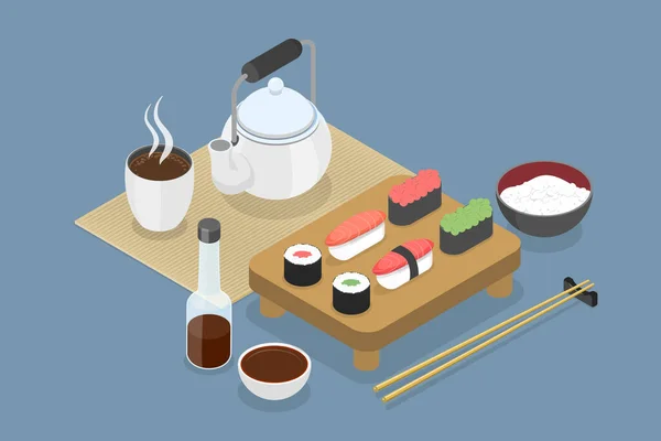 Isometric Flat Vector Conceptual Illustration Japan Restaurant Asian Food — Stock Vector