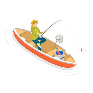 3D Isometric Flat Vector Set Balıkçılar, Hobiler ve Boş Faaliyetler. Madde 4
