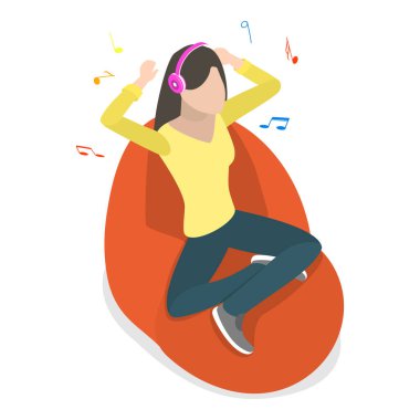 3 Boyutlu Isometric Müzik Eğlencesinin Vektör İllüstrasyonu, Neşeli Kızlar Müzik Dinliyor. Madde 2