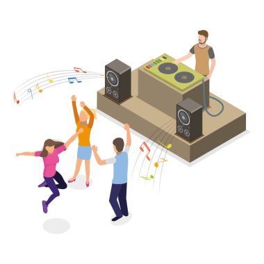 Üç boyutlu Isometric Flat Vector Takılan İnsanlar, Neşeli Arkadaşların Eğlenmesi. Madde 1