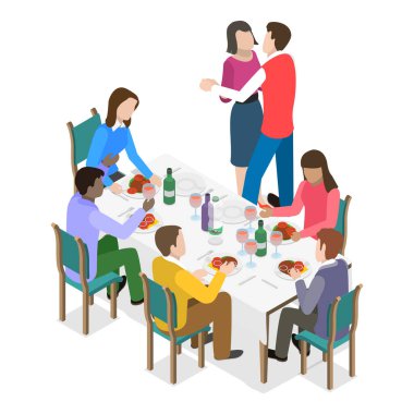 Üç boyutlu Isometric Flat Vlat Illustration of Friends Yemeği, İnsanlar yemek yiyor ve konuşuyor. Madde 1