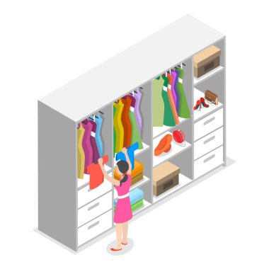 3D Isometric Flat Vector Gardırop, Giyim Organizasyonu ya da Depo. Madde 1